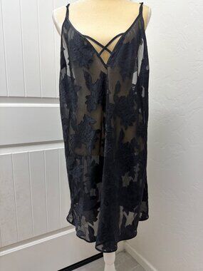 Morgan Taylor Intimates Black Sheer Floral Lace Chemise Slip Dress Large